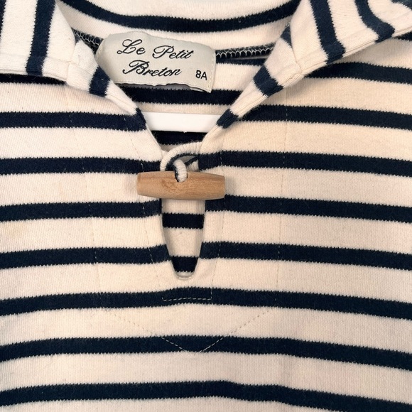 Le petit Breton. Striped Kids Shirt with Toggle Closure 8yo Cream/Navy Blue - Picture 4 of 6